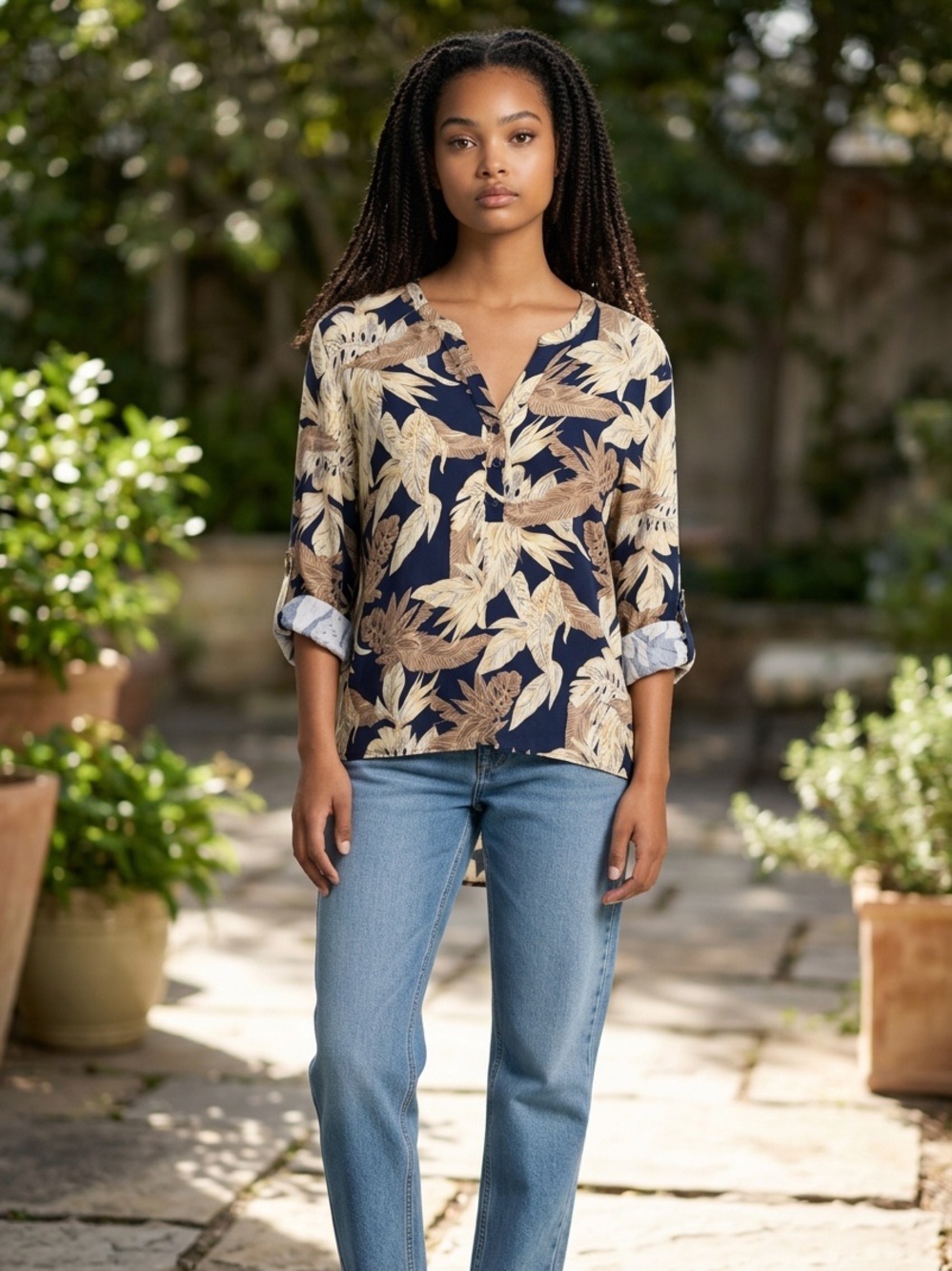 TRIBAL JEANS Women's Tropical Print V-Neck Blouse - Navy & Tan size medium